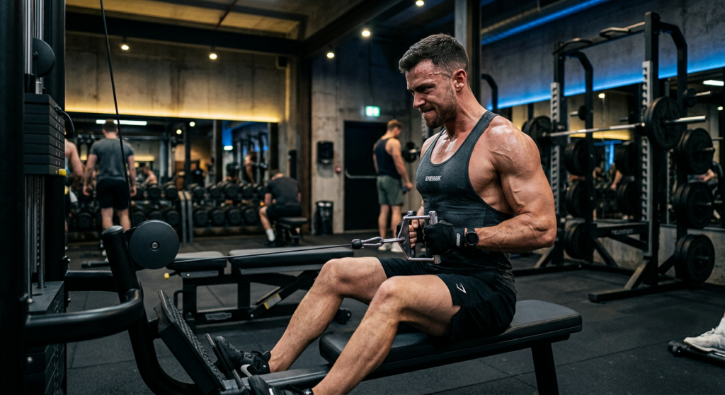 A professional editorial-style photograph of a fit, focused man training in a modern, moody gym, cap
