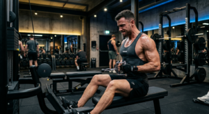 A professional editorial-style photograph of a fit, focused man training in a modern, moody gym, cap