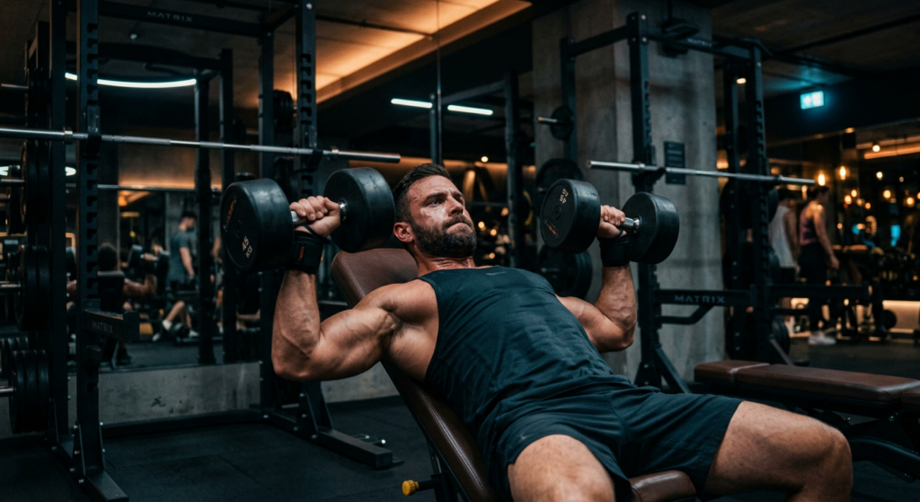 A professional, cinematic shot of a fit man in his thirties focused on a strength training exercise