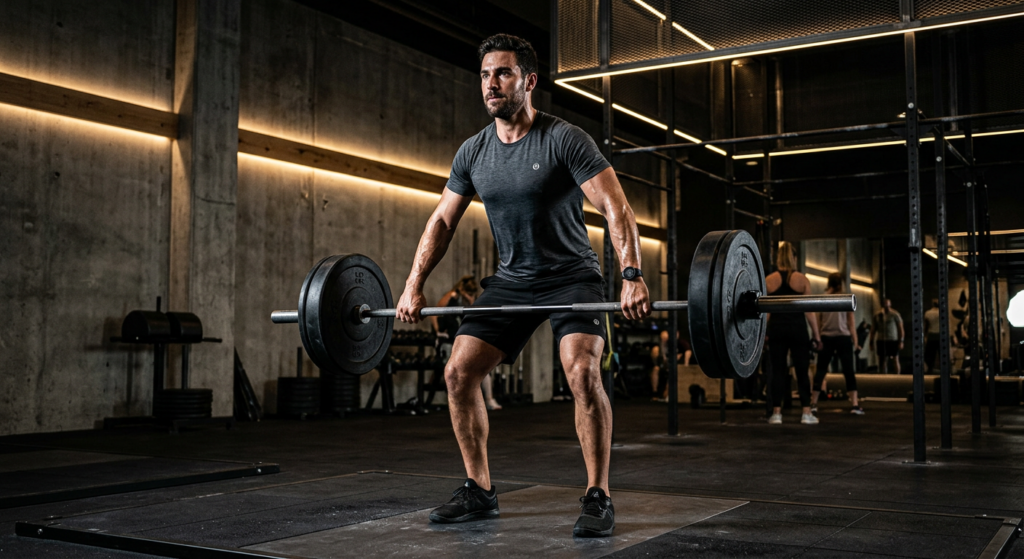 A professional, high-contrast, editorial-style portrait of a fit man performing a functional workout