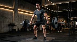 A professional, high-contrast, editorial-style portrait of a fit man performing a functional workout