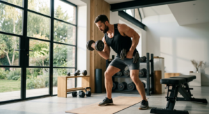 A high-quality, cinematic editorial photograph of a fit man working out with dumbbells in a modern,