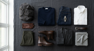 A sophisticated, editorial-style flat lay of timeless men’s capsule wardrobe essentials, featuring a