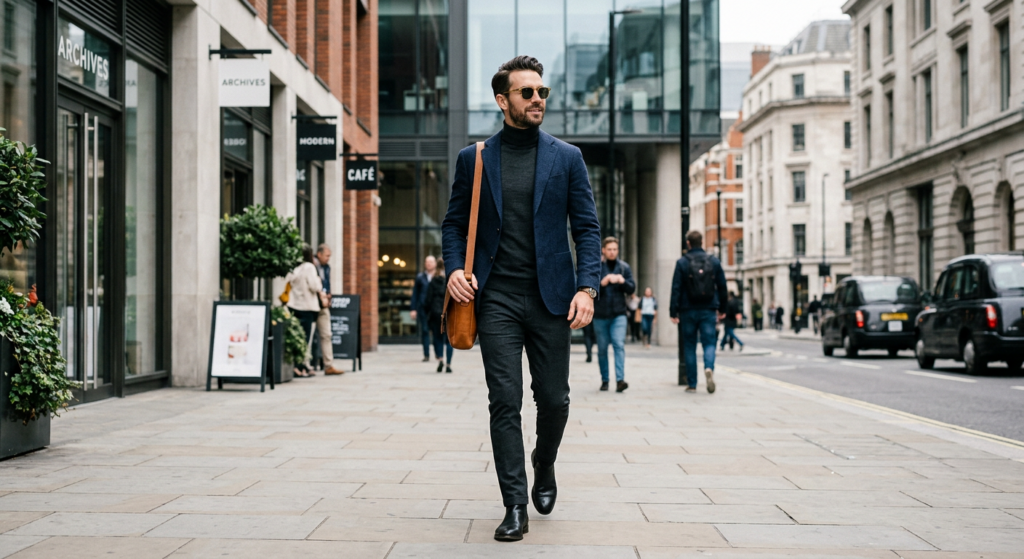 A stylish man in a modern, well-fitted casual outfit walking confidently through a contemporary city