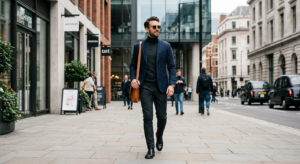 A stylish man in a modern, well-fitted casual outfit walking confidently through a contemporary city