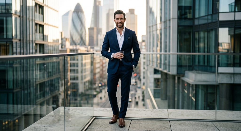 A high-end editorial portrait of a confident, stylish man dressed in a sharp tailored suit, standing