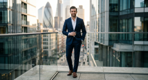 A high-end editorial portrait of a confident, stylish man dressed in a sharp tailored suit, standing