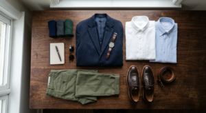 A stylish, minimalist flat lay of curated men's wardrobe essentials including a tailored blazer, cri