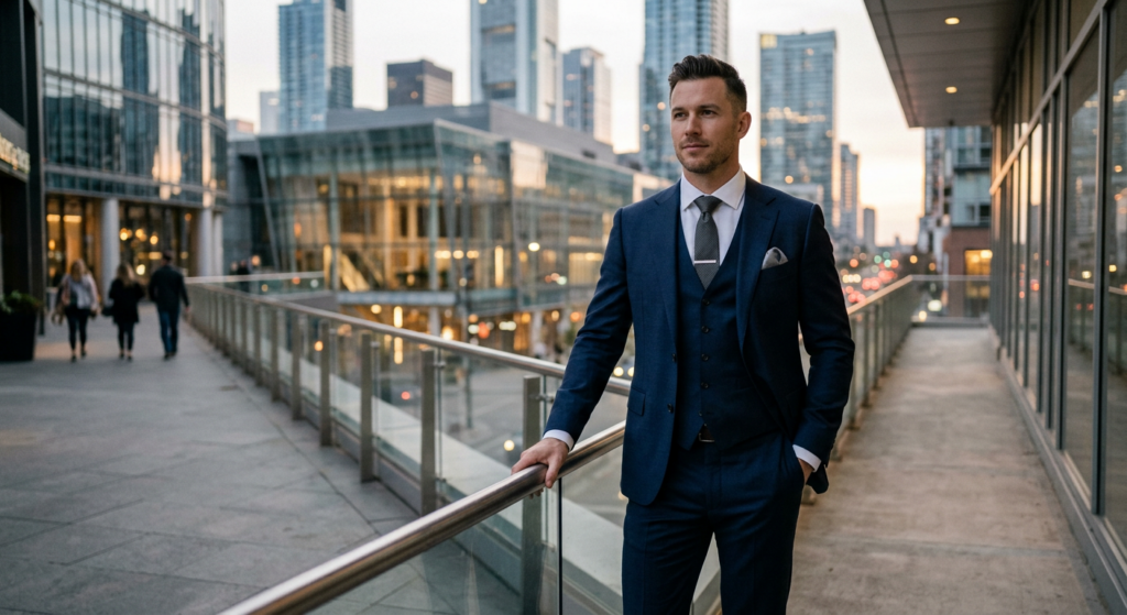A stylish and confident man in a well-tailored navy suit standing in a modern, sophisticated urban s