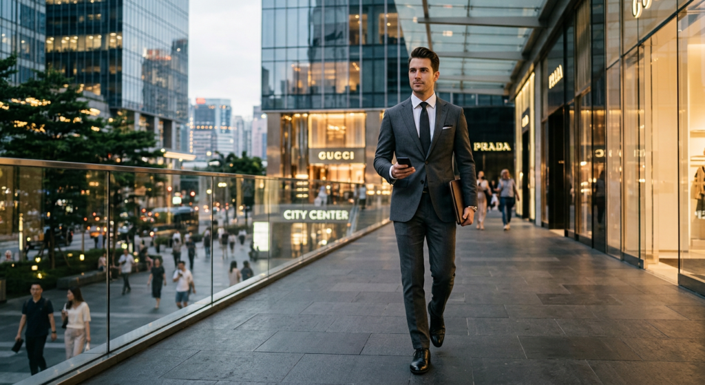 A sophisticated, modern man in a perfectly tailored charcoal suit walking through a sleek, high-end