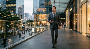 A sophisticated, modern man in a perfectly tailored charcoal suit walking through a sleek, high-end