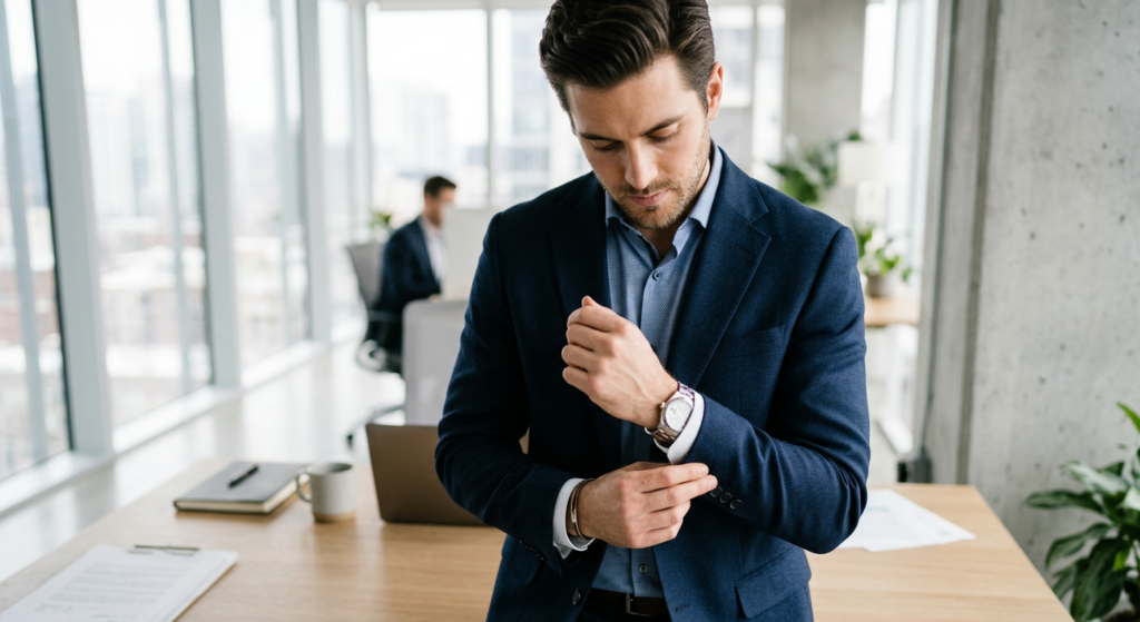 A sophisticated, high-angle close-up shot of a stylish modern man adjusting his blazer sleeve, set i