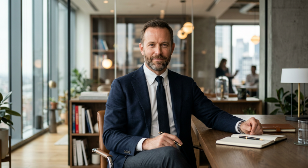 A high-end editorial portrait of a confident man in a sharp blazer sitting in a modern office, captu
