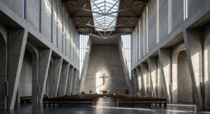 A sophisticated architectural photograph of a minimalist modern cathedral interior, emphasizing shar