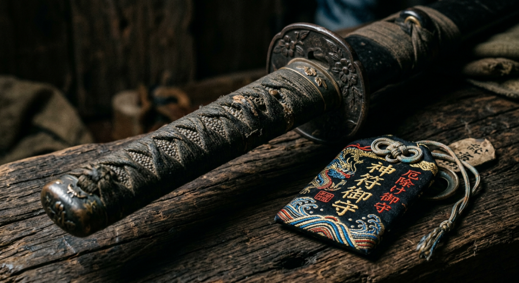 A high-end editorial close-up of a weathered samurai katana hilt resting beside an ornate, ancient J