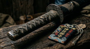 A high-end editorial close-up of a weathered samurai katana hilt resting beside an ornate, ancient J