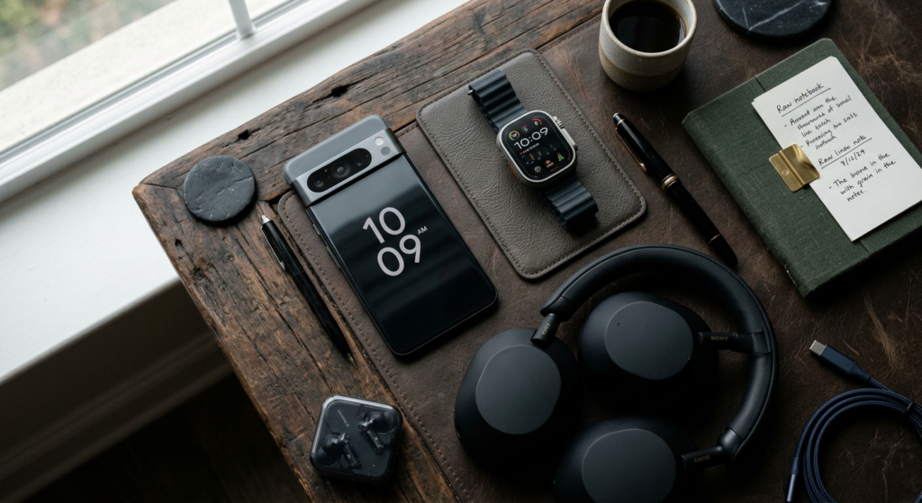 A sophisticated, editorial-style flat lay featuring high-end 2024 tech gadgets like a sleek smartwat