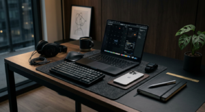 A high-end, professional editorial shot featuring a curated collection of sleek, modern tech gadgets
