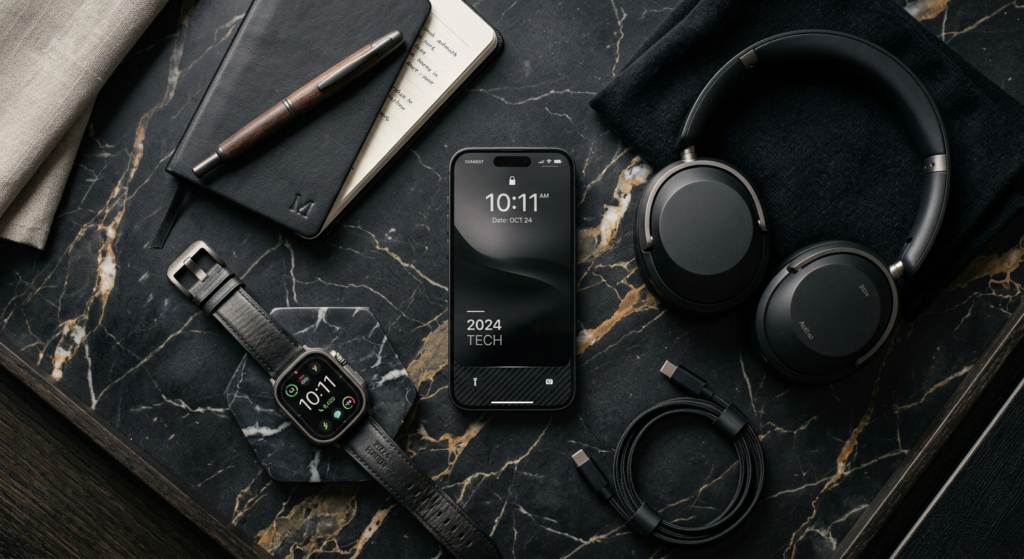 A high-end, editorial-style flat lay of premium 2024 tech gadgets for men, including a sleek smartph