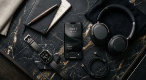 A high-end, editorial-style flat lay of premium 2024 tech gadgets for men, including a sleek smartph