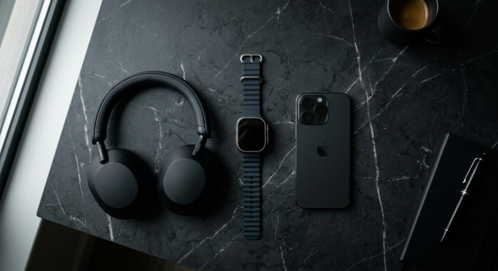 A sleek, minimalist flat-lay of premium modern tech gadgets including a high-end smartwatch, wireles