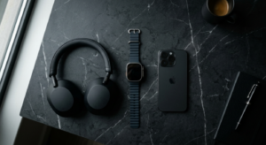 A sleek, minimalist flat-lay of premium modern tech gadgets including a high-end smartwatch, wireles