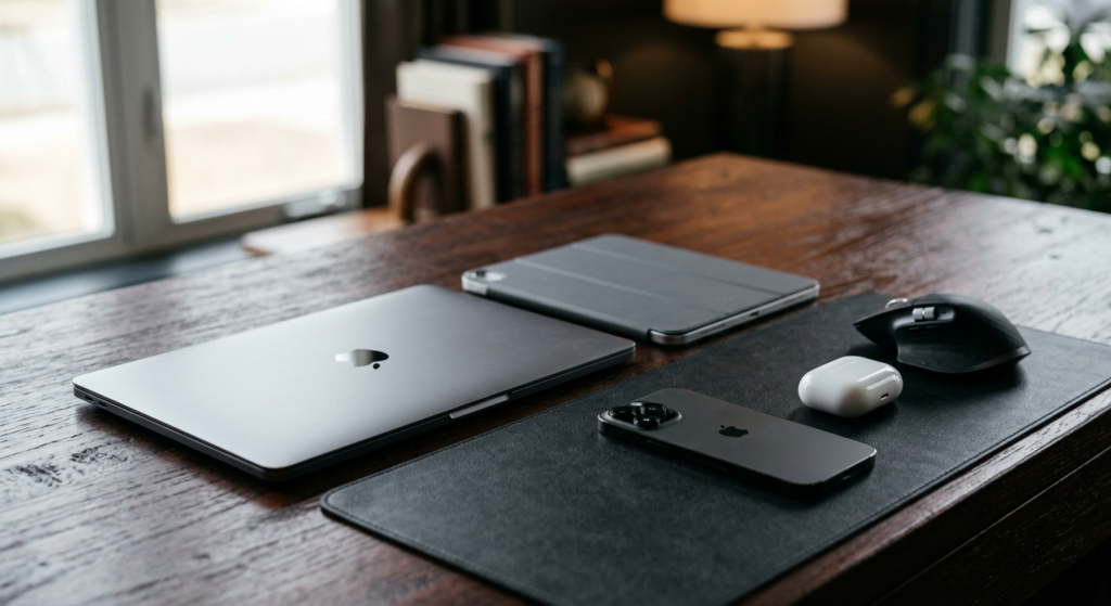 A high-end editorial composition featuring a curated selection of sleek, minimalist tech gadgets arr