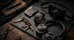 A professional editorial-style studio shot showcasing a curated collection of premium tech gadgets f