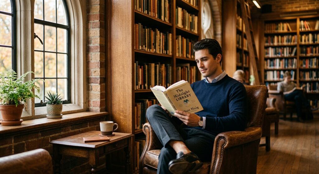A man in a smart-casual outfit reading a book in an aesthetic library setting, soft daylight, warm t