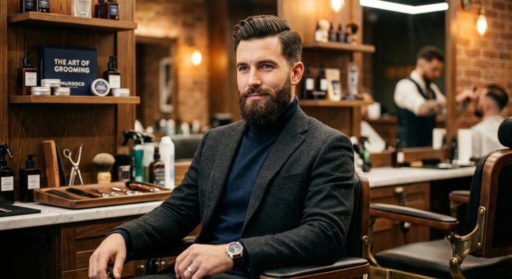 A close-up, high-end editorial portrait of a well-groomed man with a perfectly styled beard in a mod
