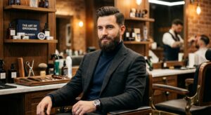 A close-up, high-end editorial portrait of a well-groomed man with a perfectly styled beard in a mod
