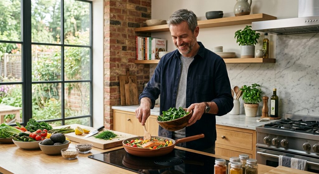 A high-quality, editorial-style photograph of a confident middle-aged man in a modern kitchen though