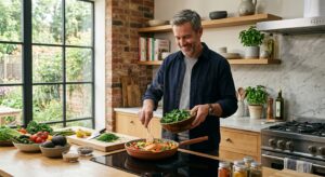 A high-quality, editorial-style photograph of a confident middle-aged man in a modern kitchen though