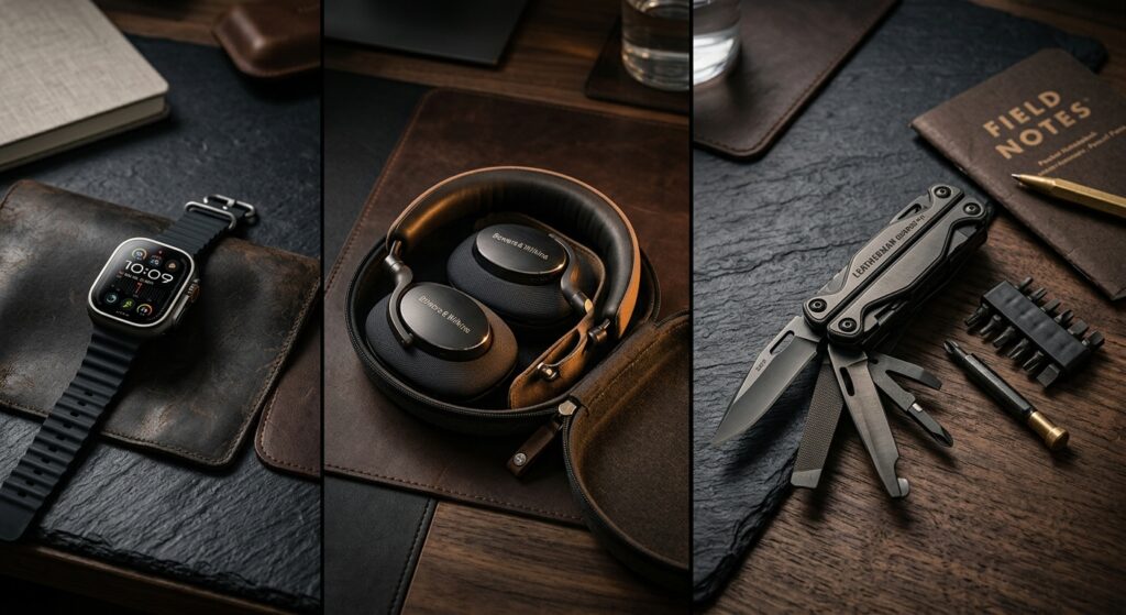 A high-end editorial split-shot featuring a sleek smartwatch, premium wireless headphones, and a com