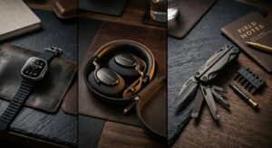 A high-end editorial split-shot featuring a sleek smartwatch, premium wireless headphones, and a com