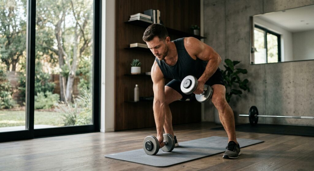 A highly professional, cinematic shot of a focused man working out with dumbbells in a stylish, mode