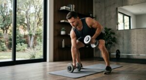 A highly professional, cinematic shot of a focused man working out with dumbbells in a stylish, mode