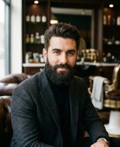 A professional, editorial-style close-up portrait of a stylish man with a perfectly groomed, thick,