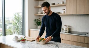 Professional editorial photo of a fit, modern man in a kitchen setting placing a stylish, healthy me