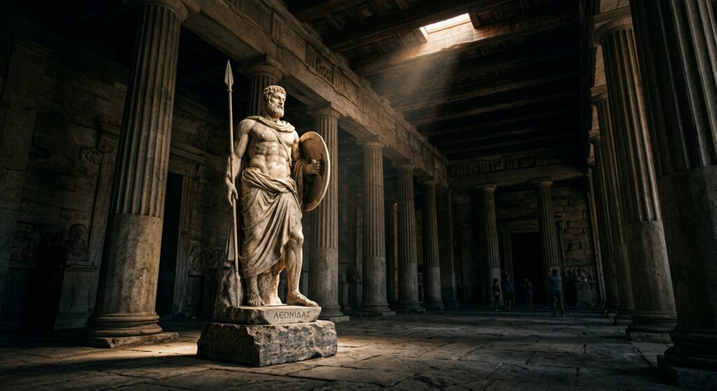 A cinematic, wide-angle editorial shot of a marble Greek hero statue standing in a dramatic, dimly l