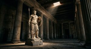 A cinematic, wide-angle editorial shot of a marble Greek hero statue standing in a dramatic, dimly l
