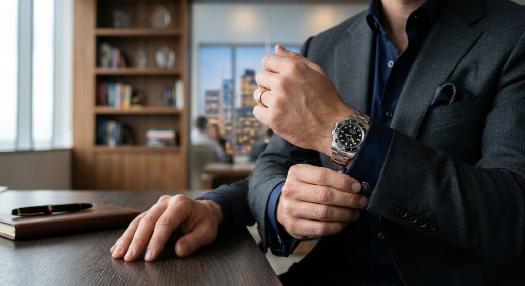 A professional, close-up shot of a well-dressed man's hand adjusting a luxury watch sleeve, with a b