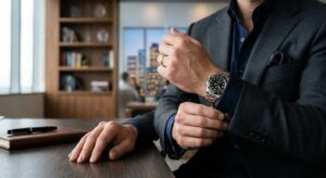 A professional, close-up shot of a well-dressed man's hand adjusting a luxury watch sleeve, with a b